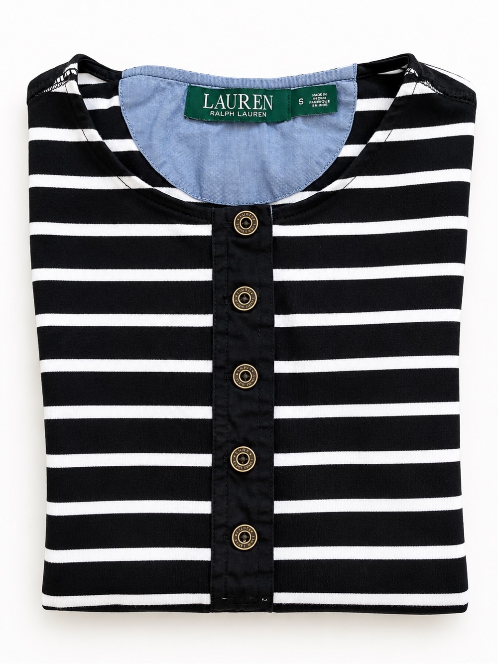 Lauren Ralph Lauren 100% Cotton Black & White Striped Henley Top Size Small